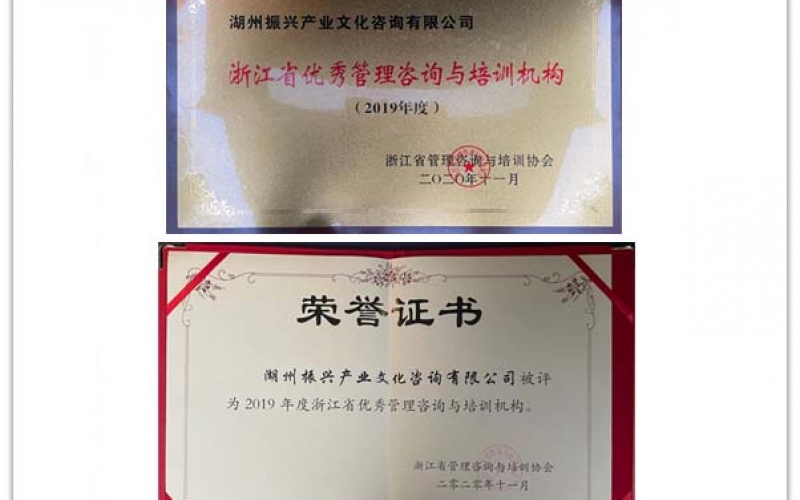 热烈祝贺振兴产业文化咨询有限公司荣获2019年度“浙江省优秀管理咨询与培训机构(2020年11月20日)